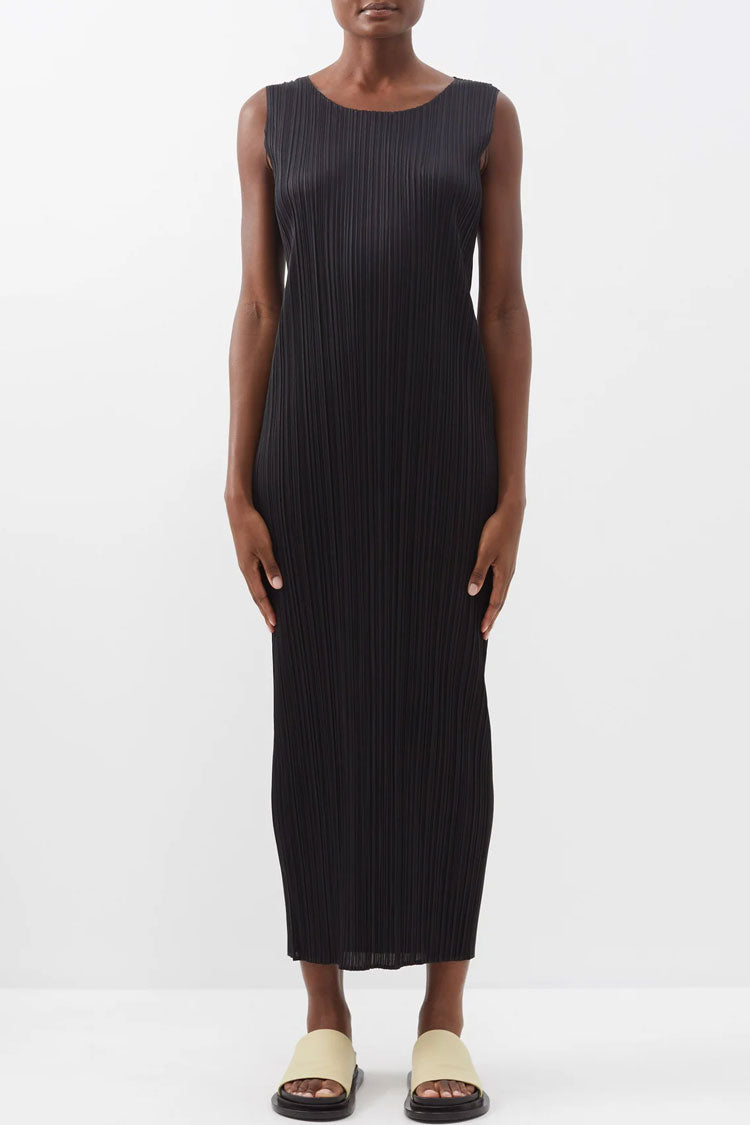 Classy Crew Neck Summer Shift Sleeveless Pleated Midi Dress - Black - Fashionpara