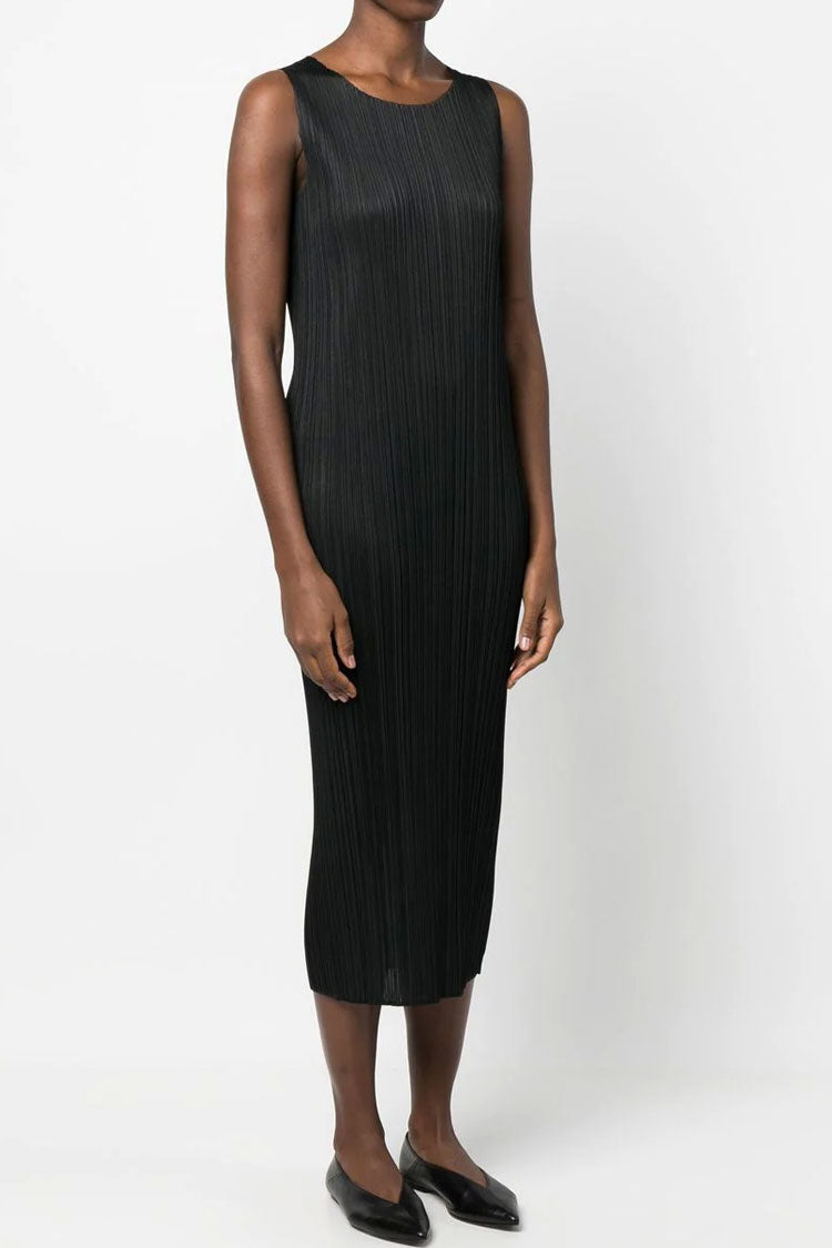 Classy Crew Neck Summer Shift Sleeveless Pleated Midi Dress - Black - Fashionpara
