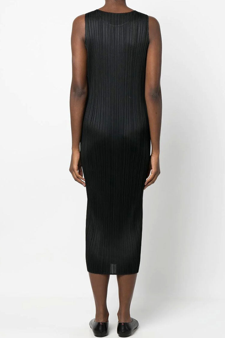 Classy Crew Neck Summer Shift Sleeveless Pleated Midi Dress - Black - Fashionpara