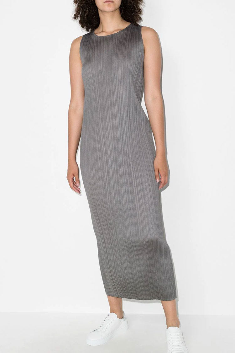Classy Crew Neck Summer Shift Sleeveless Pleated Midi Dress - Gray - Fashionpara
