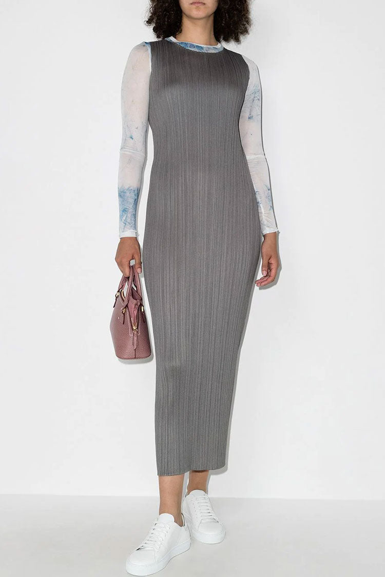 Classy Crew Neck Summer Shift Sleeveless Pleated Midi Dress - Gray - Fashionpara