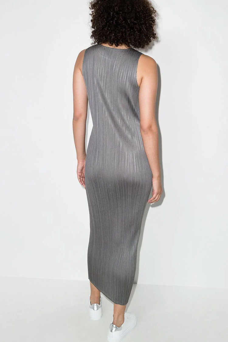 Classy Crew Neck Summer Shift Sleeveless Pleated Midi Dress - Gray - Fashionpara