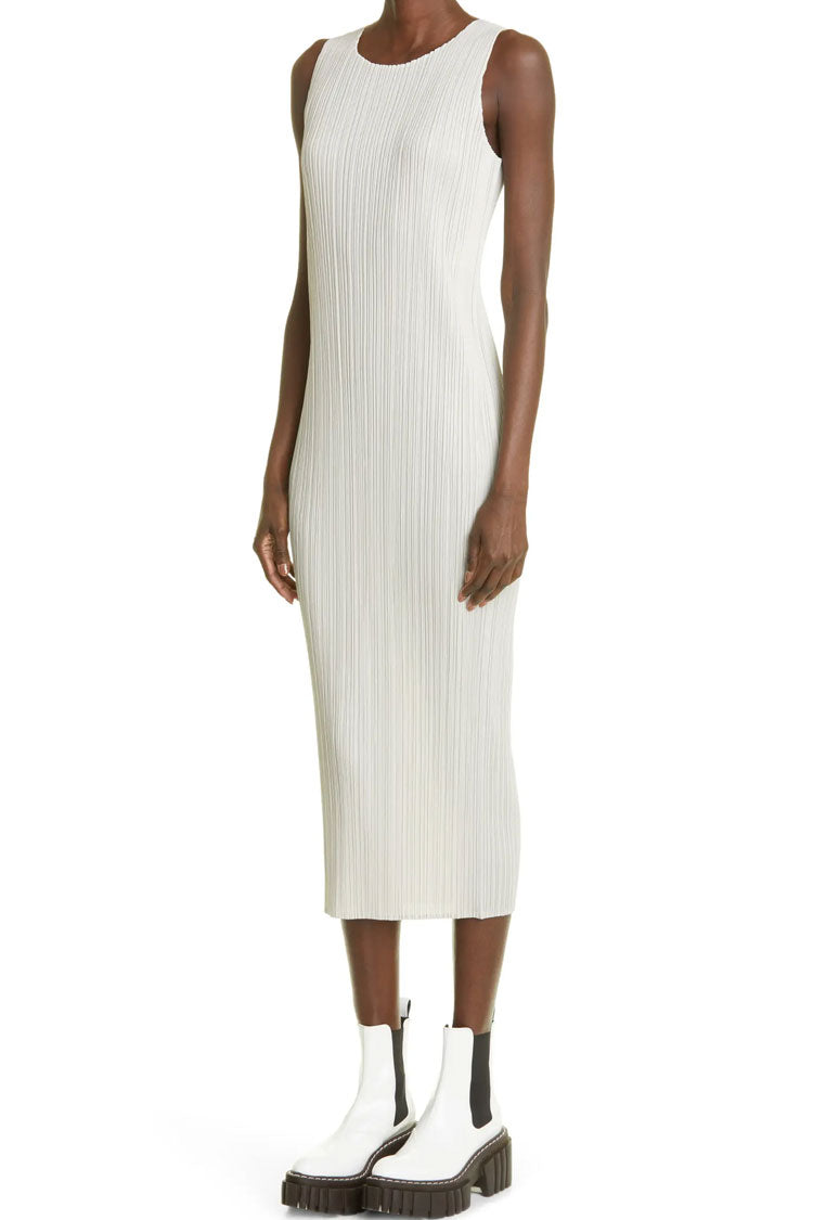 Classy Crew Neck Summer Shift Sleeveless Pleated Midi Dress - White - Fashionpara