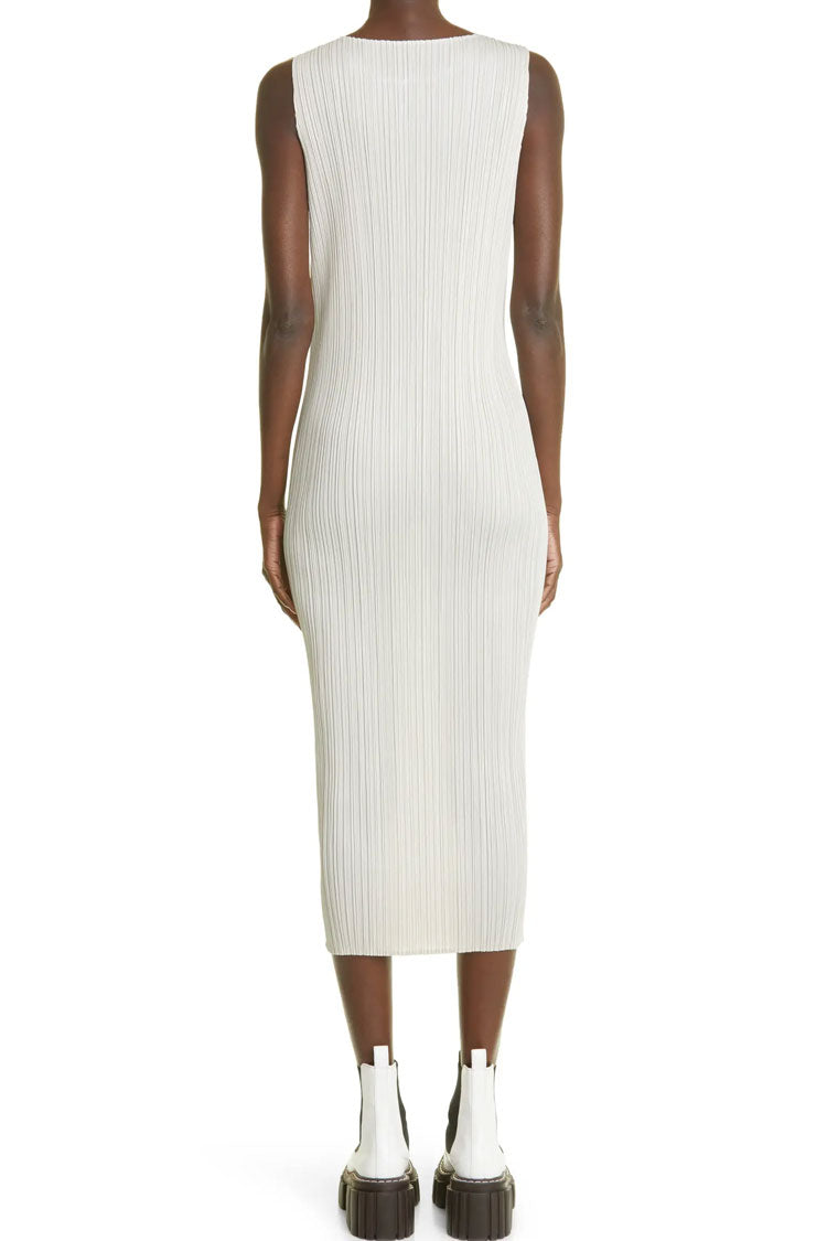 Classy Crew Neck Summer Shift Sleeveless Pleated Midi Dress - White - Fashionpara