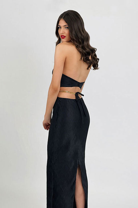 Classy Halter Sleeveless Chained Cutout Ribbed Bandage Cocktail Midi Dress - Black Fashionpara