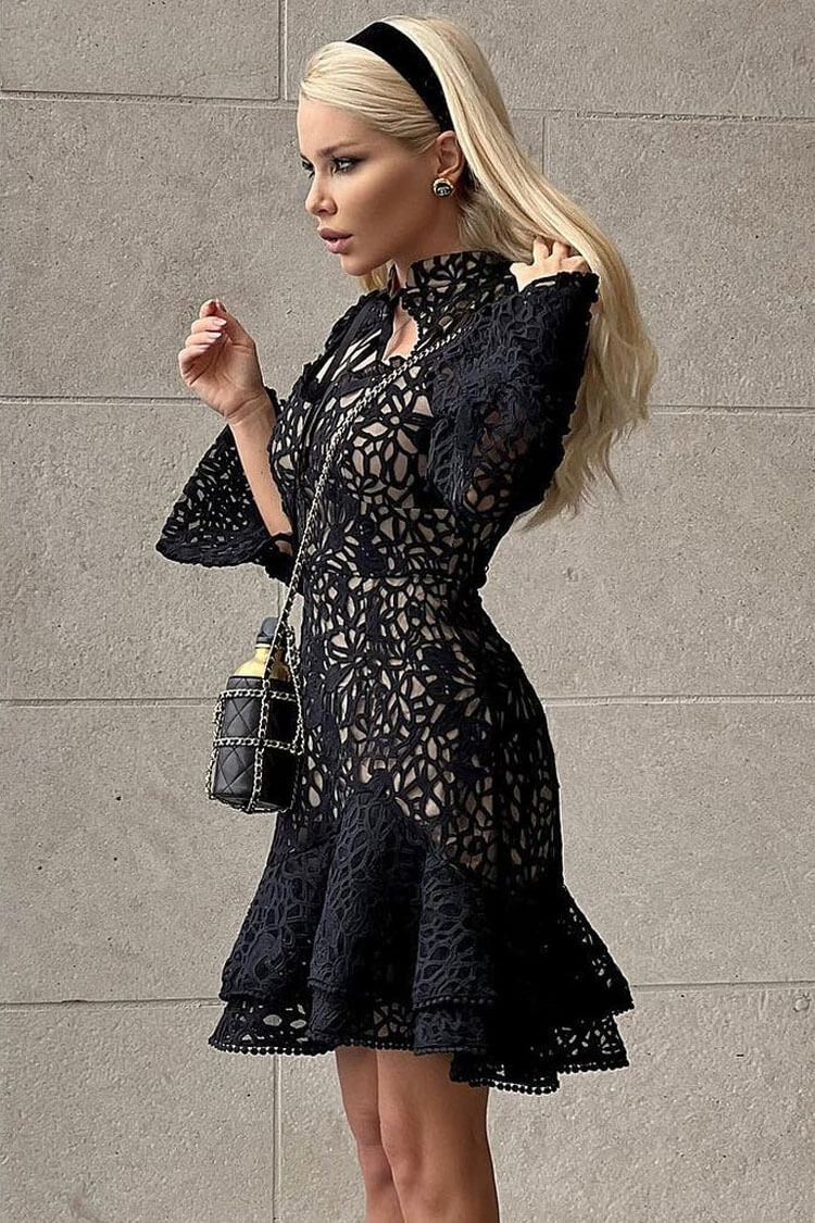 Classy Mandarin Collar Puff Sleeve Crochet Lace Ruffle Tiered Mini Dress - Black - Fashionpara