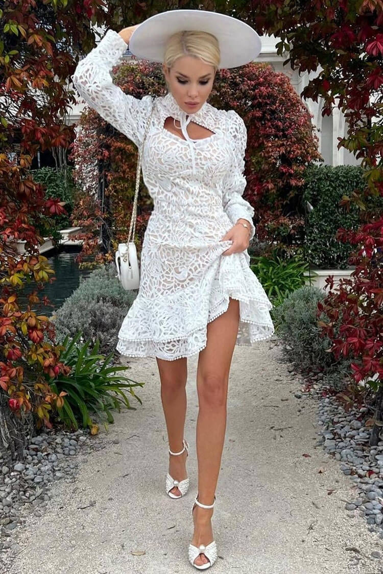 Classy Mandarin Collar Puff Sleeve Crochet Lace Ruffle Tiered Mini Dress - White - Fashionpara
