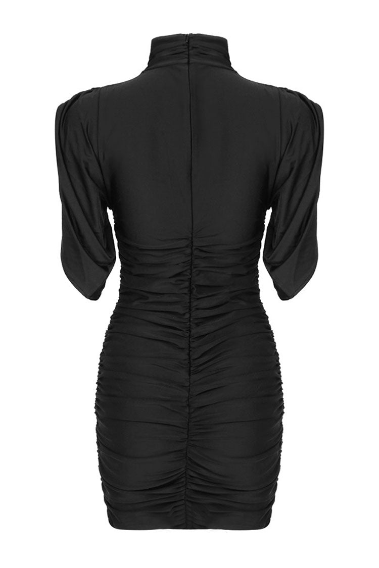 Classy Rosette Trim High Neck Draped Sleeve Ruched Party Mini Dress - Black  Fashionpara