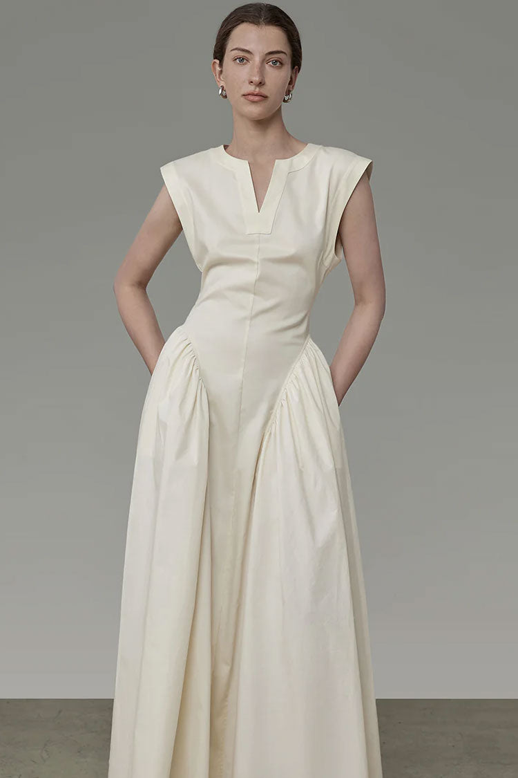 Classy V Neck Ruffle Detail Pocket Trim Sleeveless Maxi Dress - Apricot Fashionpara