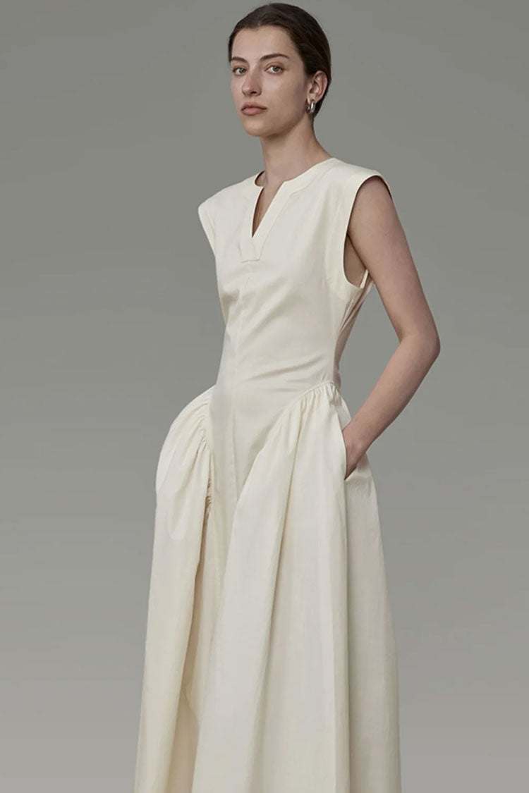 Classy V Neck Ruffle Detail Pocket Trim Sleeveless Maxi Dress - Apricot Fashionpara