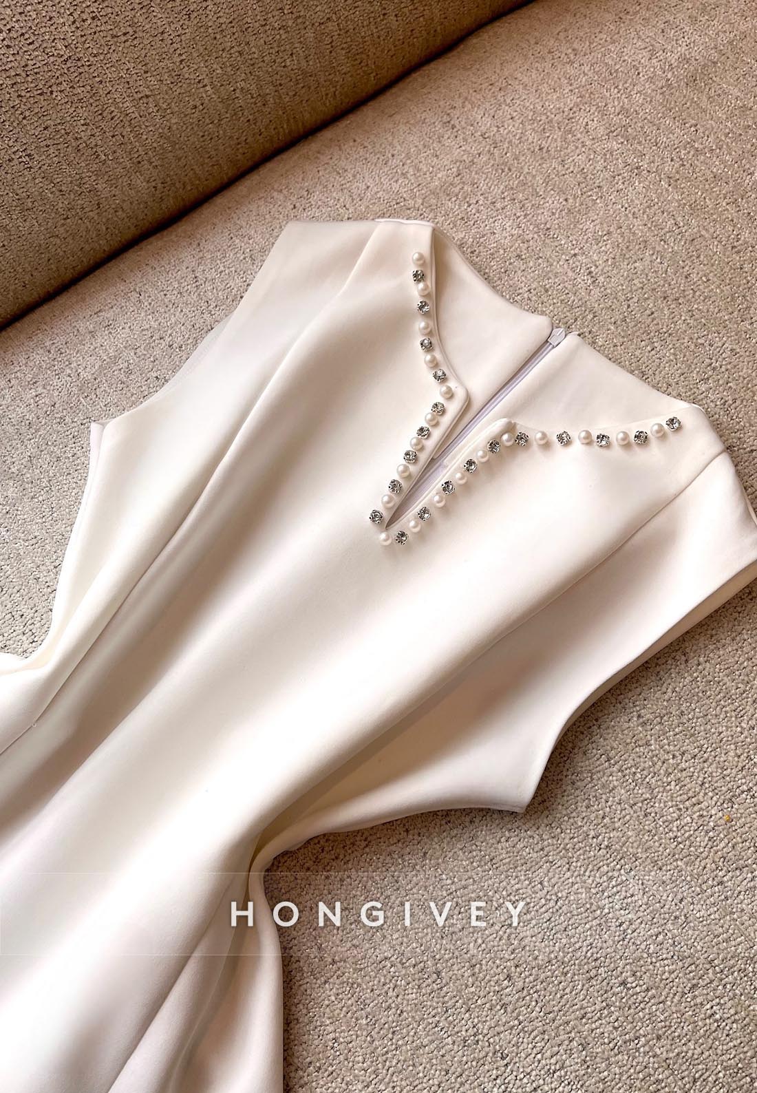 Ivory Pearls Mini Party Dress V Neck Satin Pleated Homecoming Dress