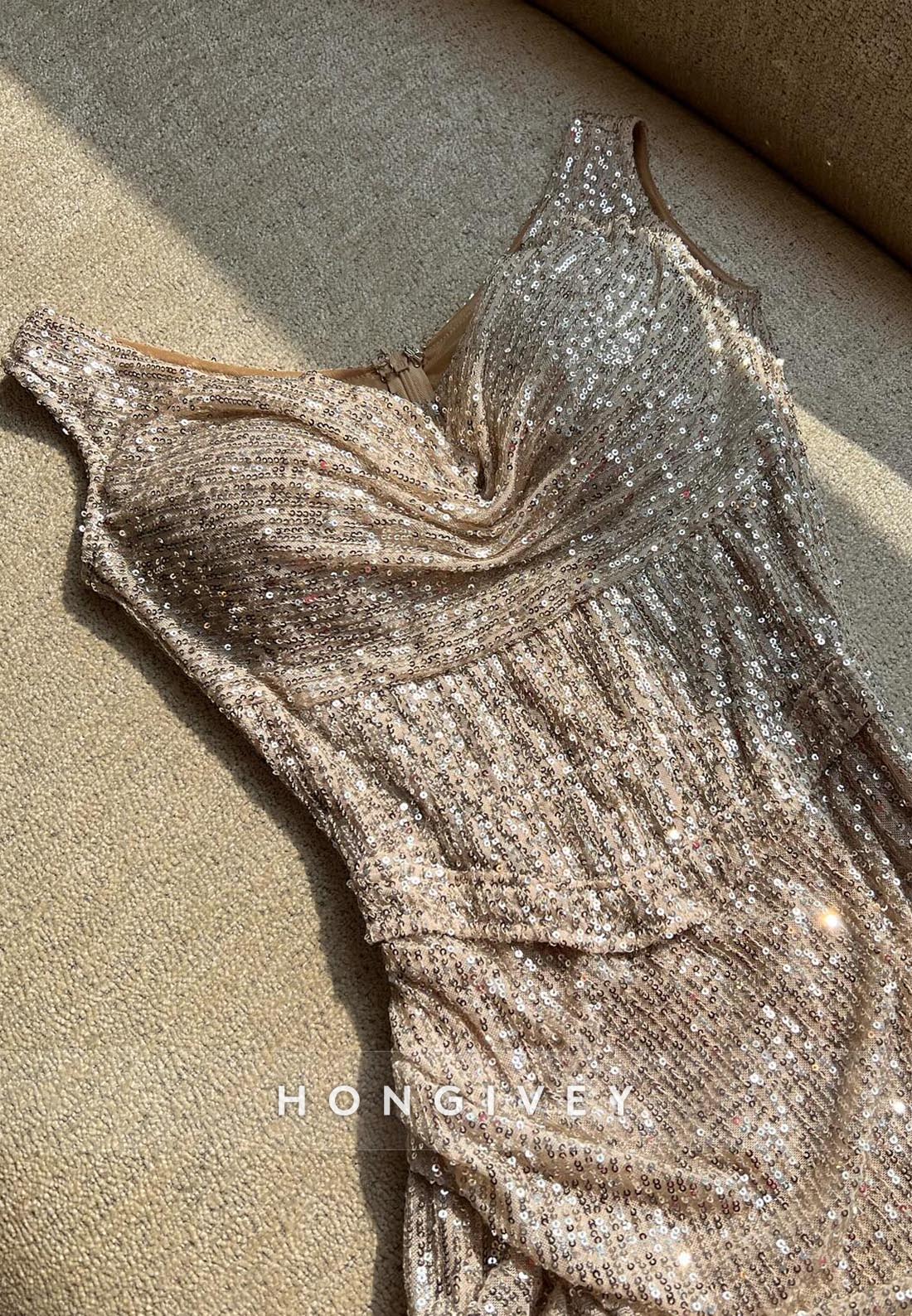 Sheath Mini V Neck Glitter Party Dress Regular Straps Pleated Homecoming Dresses
