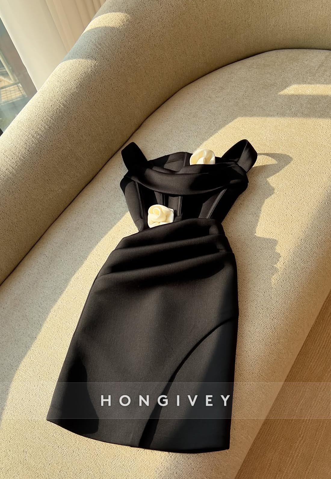 Satin Short Sheath Party Dresses Regular Straps Flowers Pleated Homecoming Dress