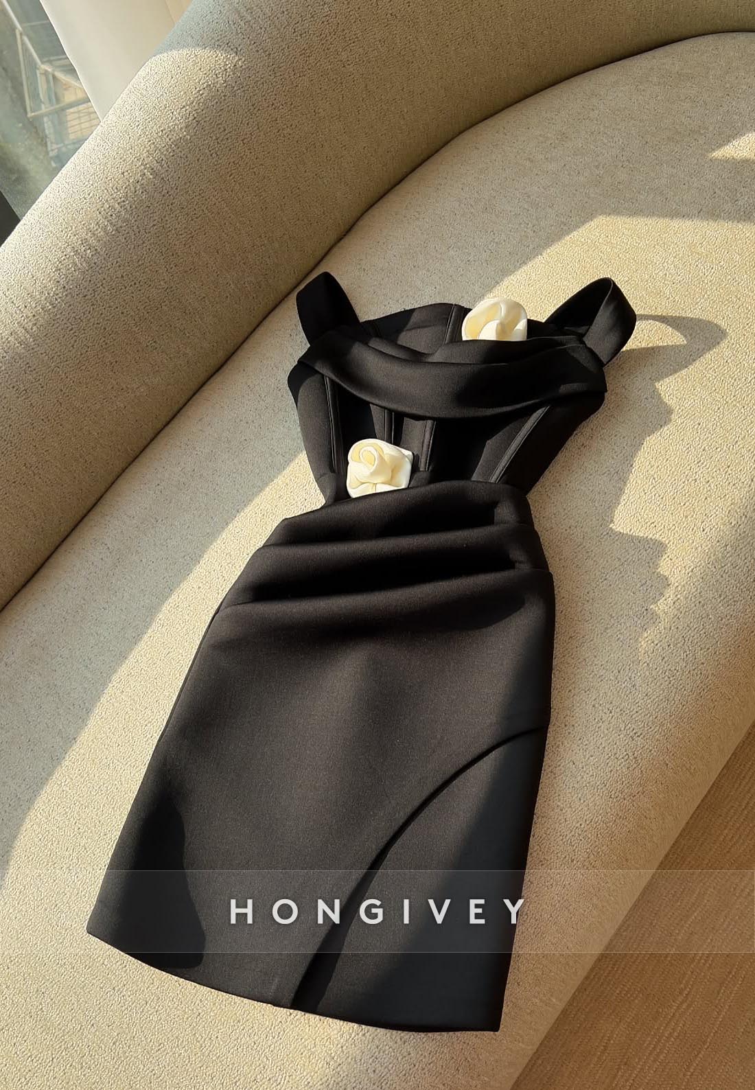 Satin Short Sheath Party Dresses Regular Straps Flowers Pleated Homecoming Dress