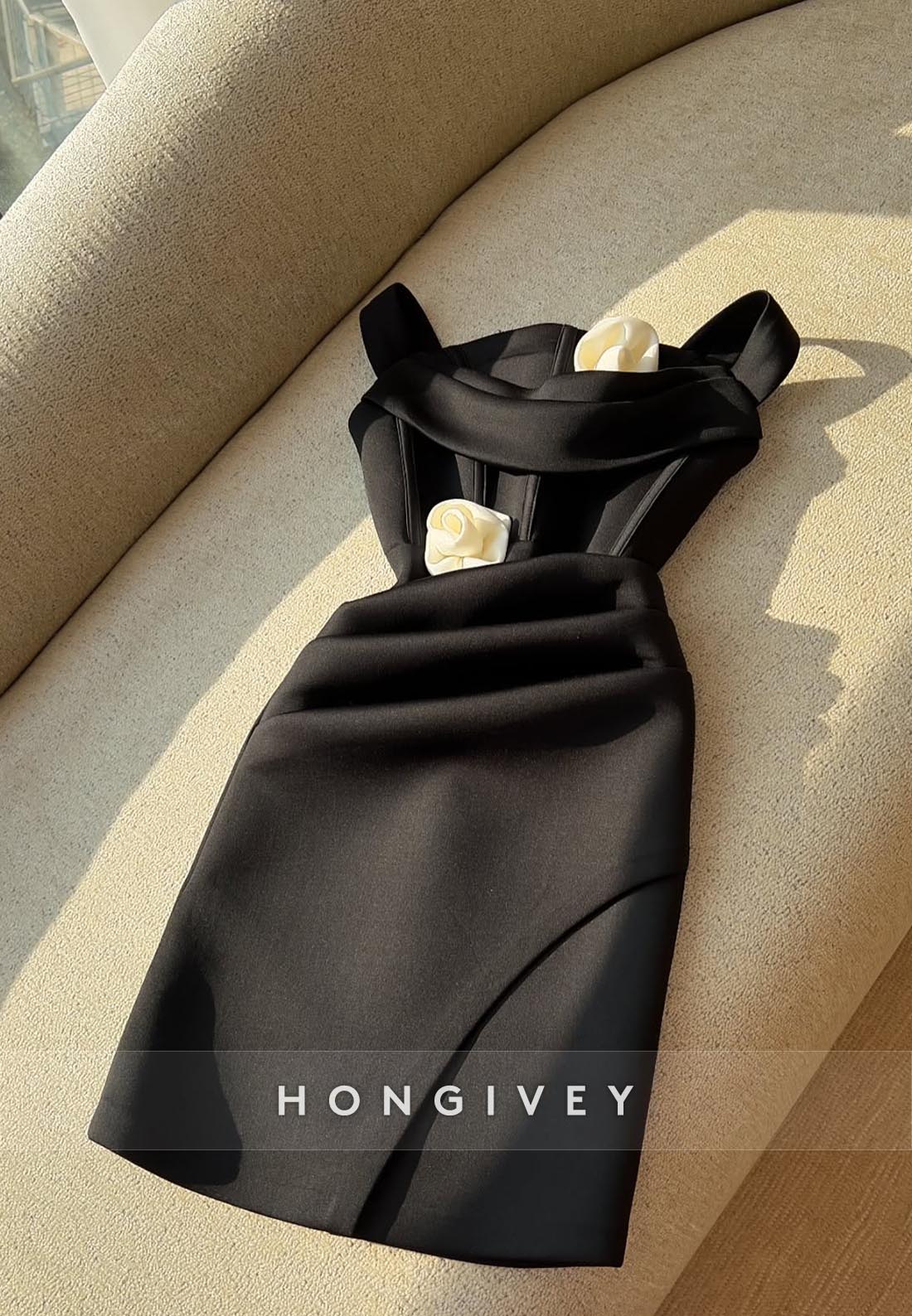 Satin Short Sheath Party Dresses Regular Straps Flowers Pleated Homecoming Dress