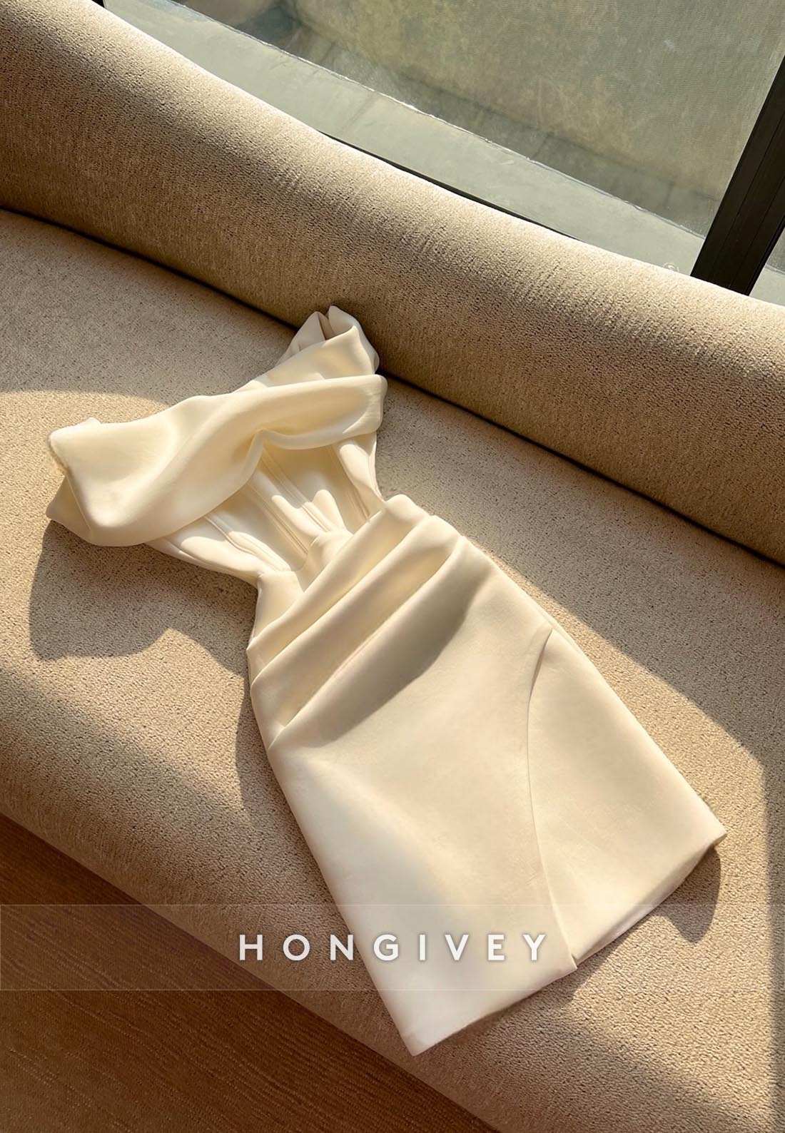 Simple Sheath Short Party Dresses Off the Shoulder Satin Pleated Party Dresses