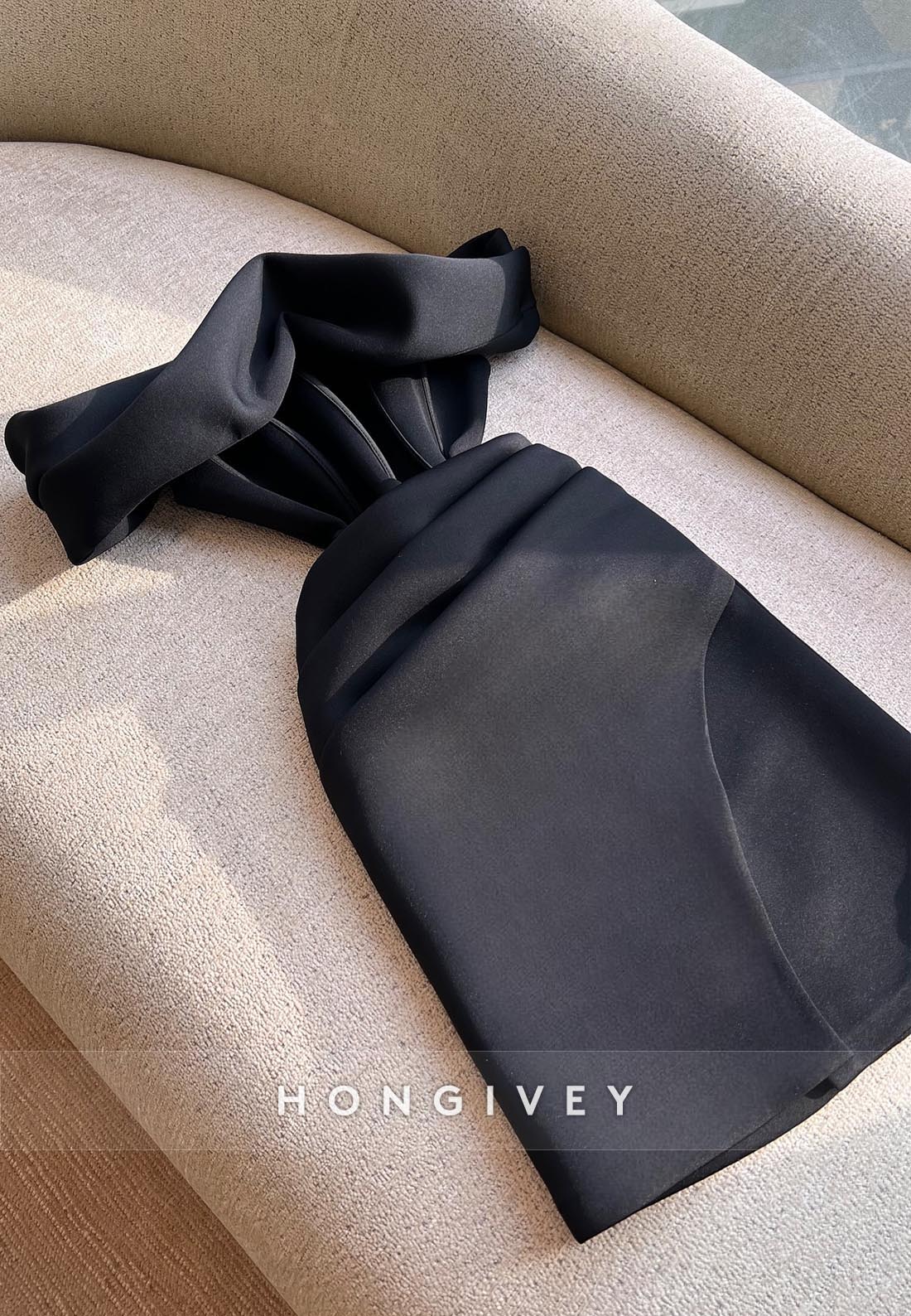 Simple Sheath Short Party Dresses Off the Shoulder Satin Pleated Party Dresses