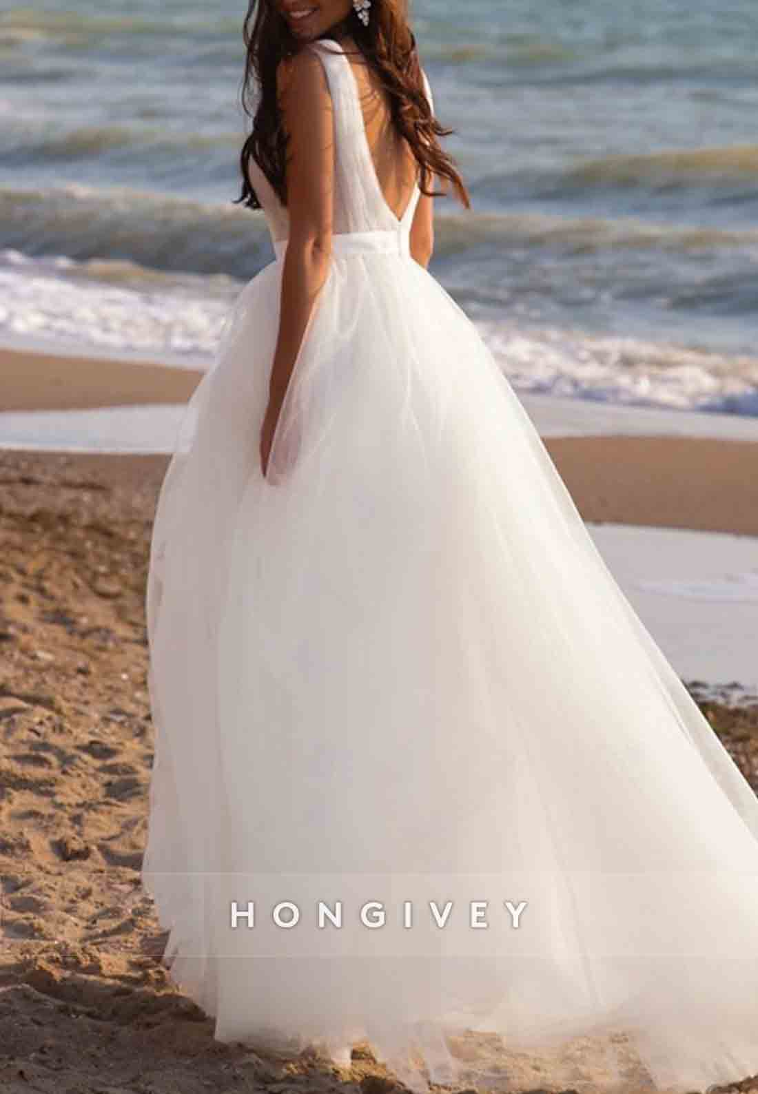 Low V-Neck Sleeveless Cap Straps A-Line Tulle V Back Wedding Dresses