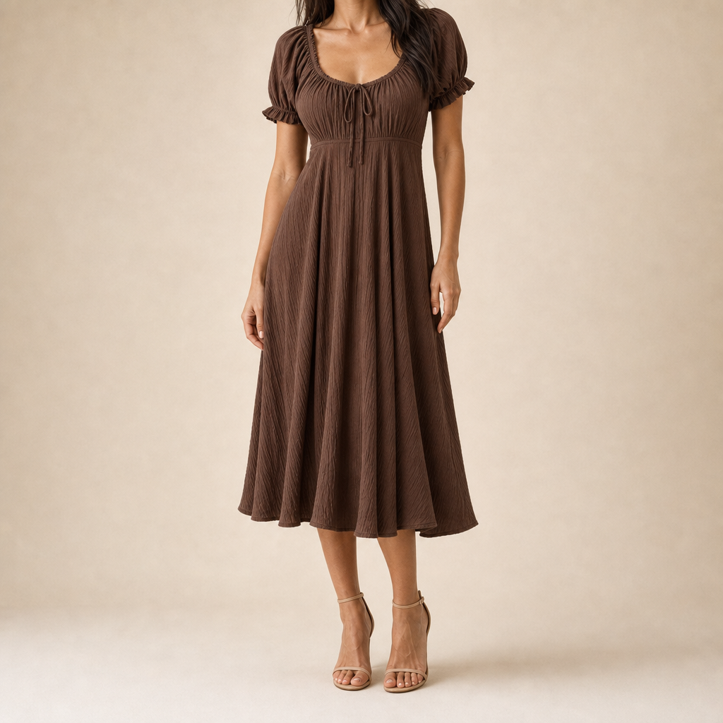 Scoop Neck Puff Sleeve Tie Front Fit and Flare Midi Dress
