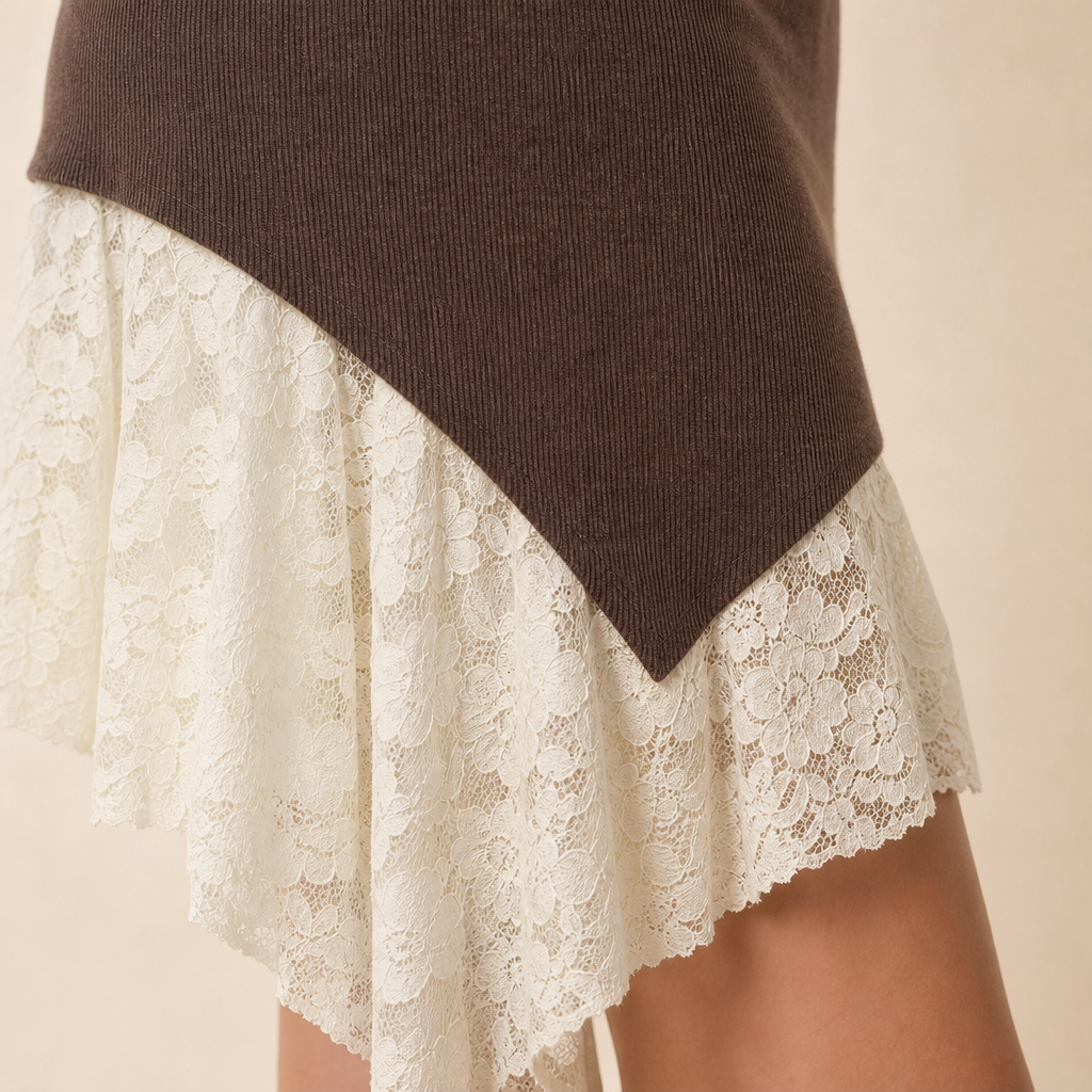 Mock Neck Sleeveless Lace Asymmetric Knit Midi Dress 3
