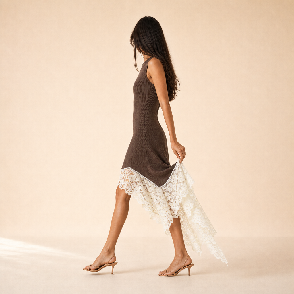 Mock Neck Sleeveless Lace Asymmetric Knit Midi Dress 5