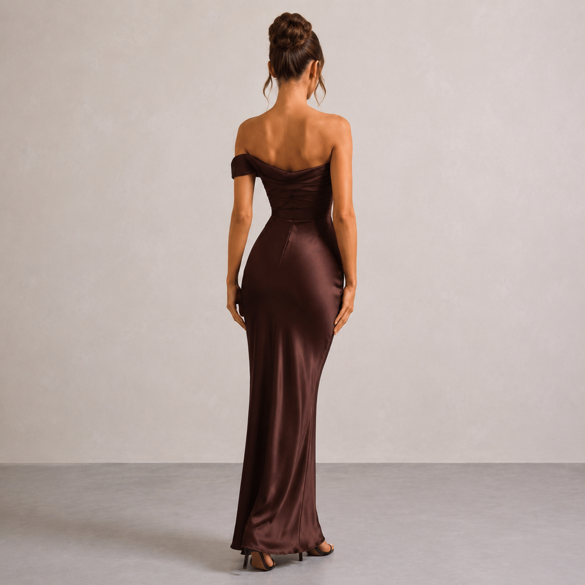 Off Shoulder Ruched Satin Fishtail Maxi Gown 15