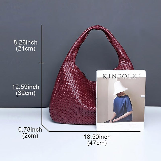 Chic Burgundy Hobo Woven Leather Bag Faux