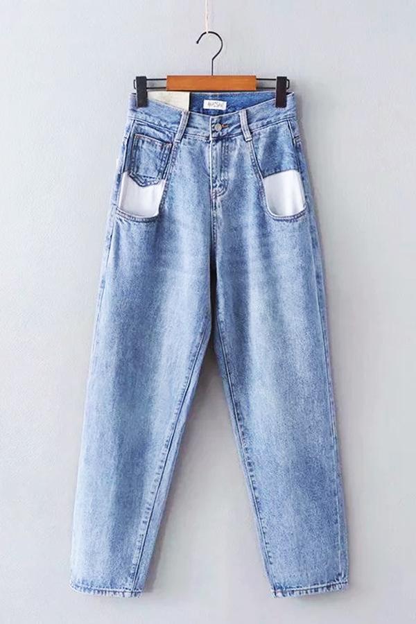 Color Block Pocket Loose Jeans