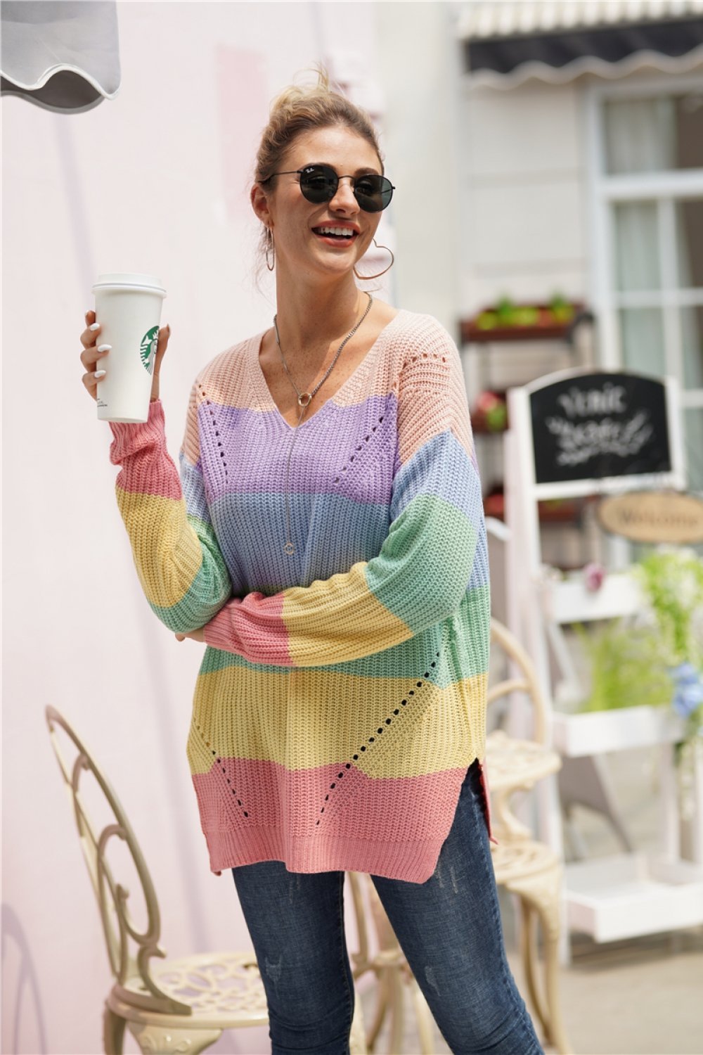 Color Block V Neck Plus Size Sweater for Chic Comfort