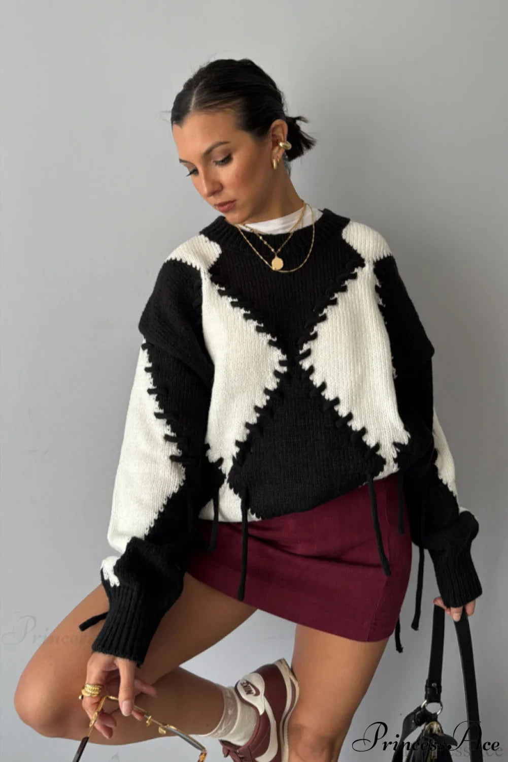 Colorblock Argyle Drawstring Knit Sweater for Stylish Comfort
