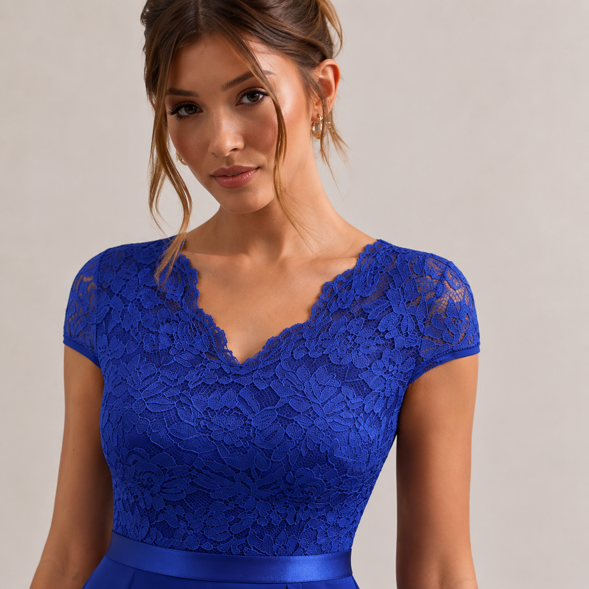 V-Neck Cap Sleeve Lace Bodice Ruffle High Low Midi Dress 17