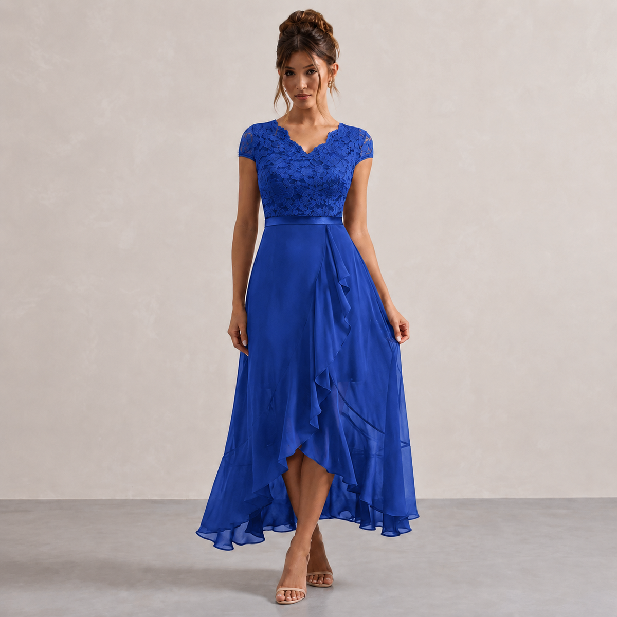 V-Neck Cap Sleeve Lace Bodice Ruffle High Low Midi Dress 16