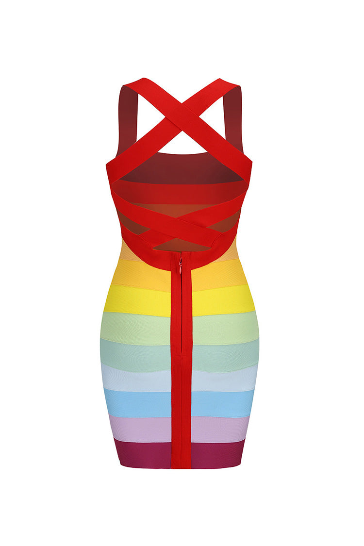 Colorful Square Neck Cross Back Cutout Bandage Bodycon Party Mini Dress - Fashionpara