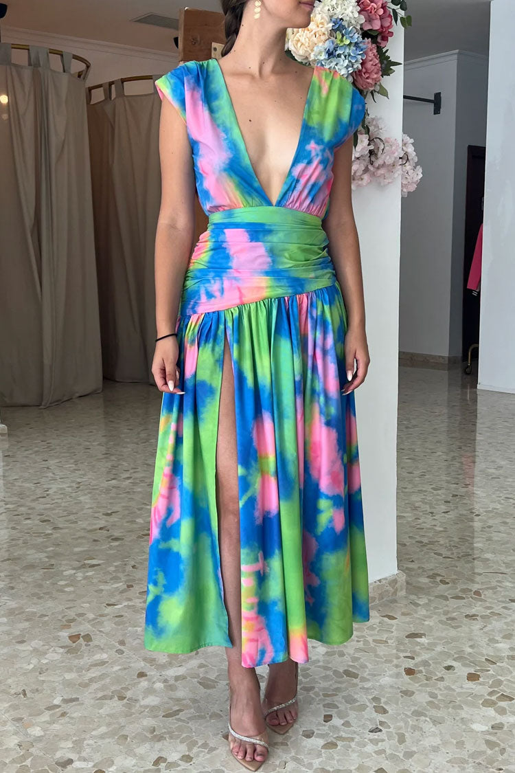 Colorful Tie Dye Deep V Wrap Waist Ruched High Split Formal Maxi Dress - Multicolor - Fashionpara
