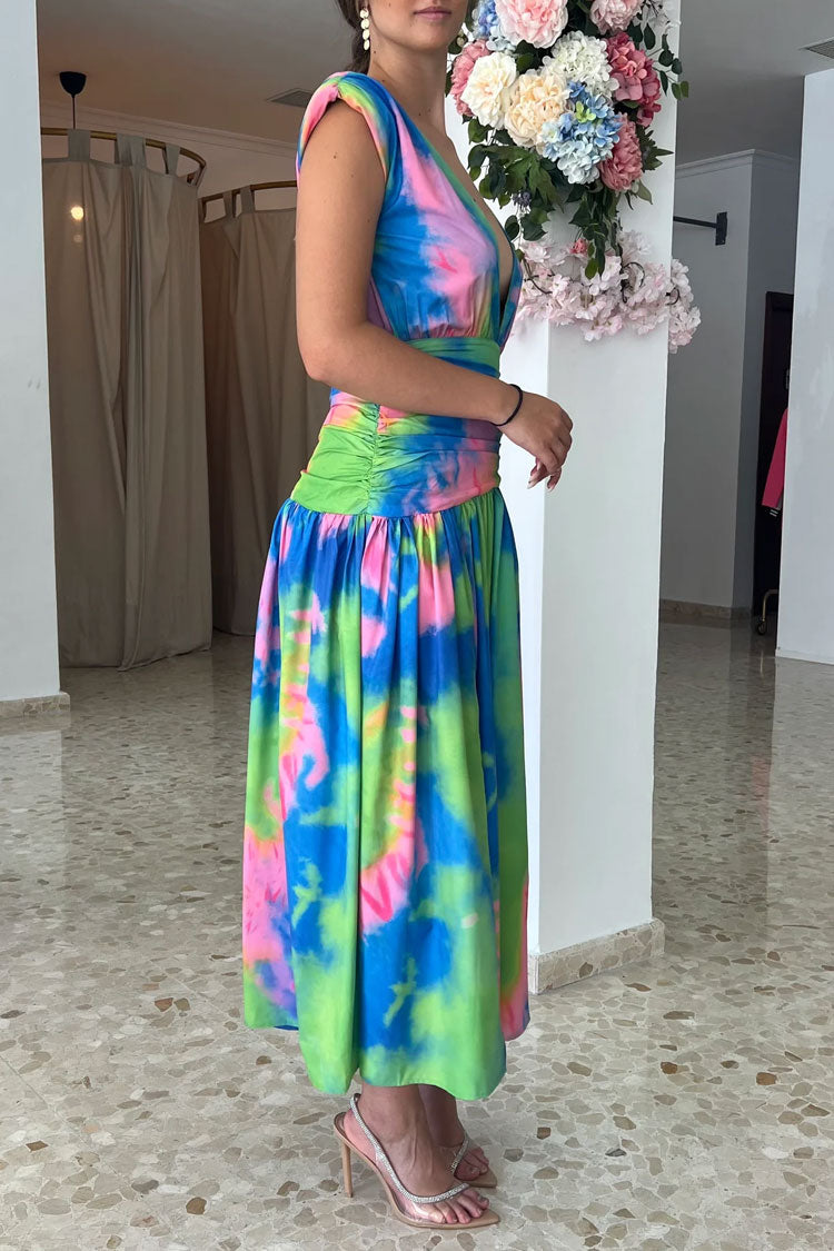 Colorful Tie Dye Deep V Wrap Waist Ruched High Split Formal Maxi Dress - Multicolor - Fashionpara