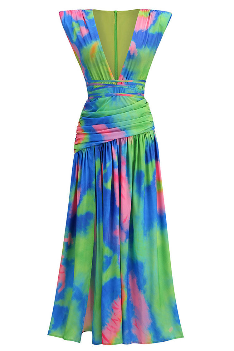Colorful Tie Dye Deep V Wrap Waist Ruched High Split Formal Maxi Dress - Multicolor - Fashionpara