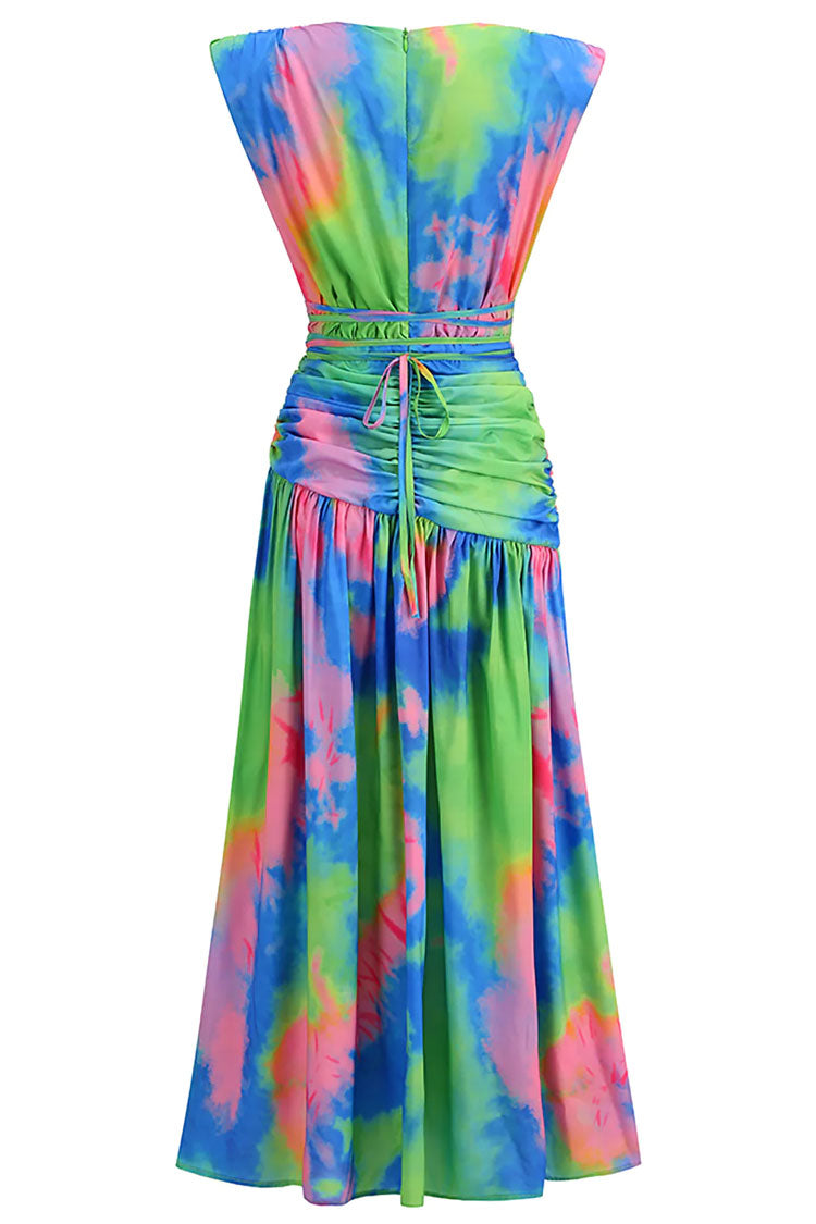 Colorful Tie Dye Deep V Wrap Waist Ruched High Split Formal Maxi Dress - Multicolor - Fashionpara