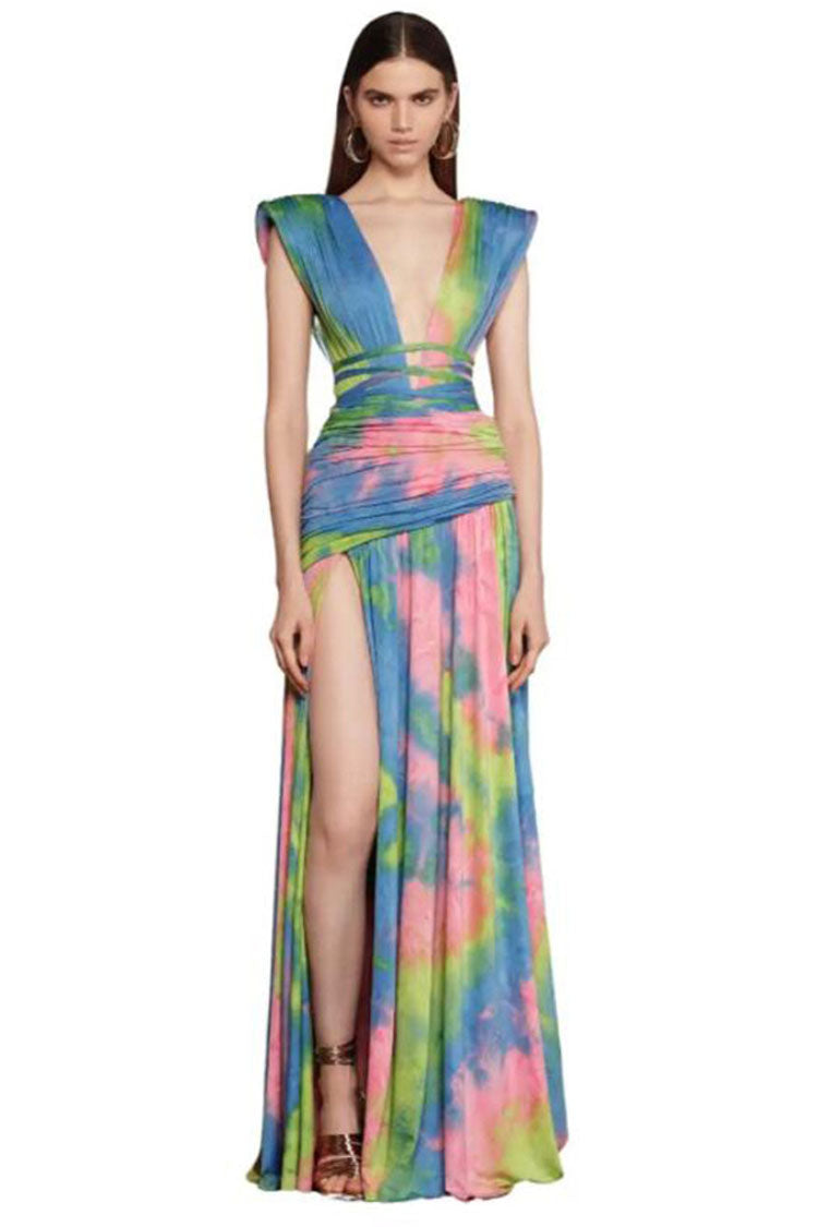Colorful Tie Dye Deep V Wrap Waist Ruched High Split Formal Maxi Dress - Multicolor - Fashionpara