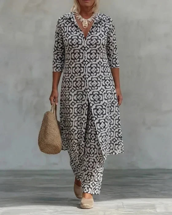 Collared Button Front Tile Print Longline Top and Pants Two Piece Set 4