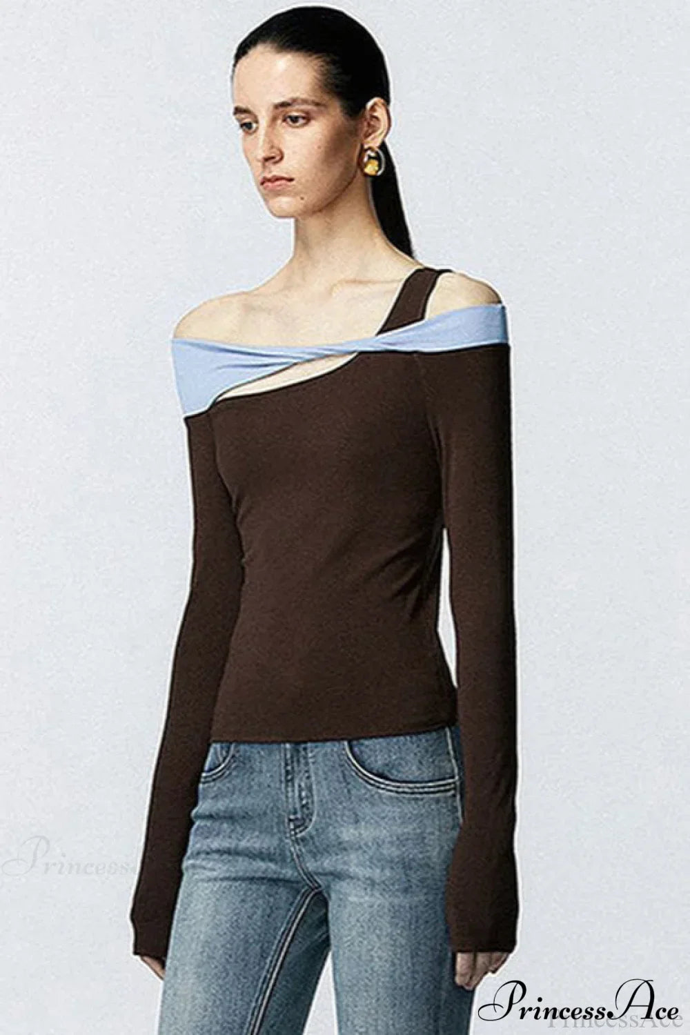 Contrast Color One Shoulder Cutout Slim Long Sleeve Tee
