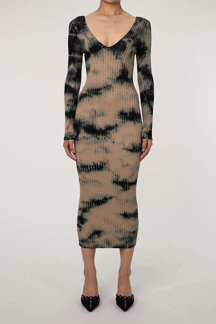 Contrast Tie Dye V Neck Ribbed Knit Midi Dress for Elegance