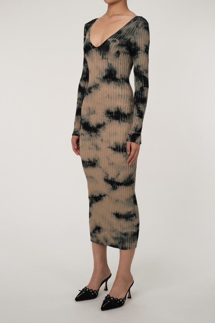 Contrast Tie Dye V Neck Ribbed Knit Midi Dress for Elegance