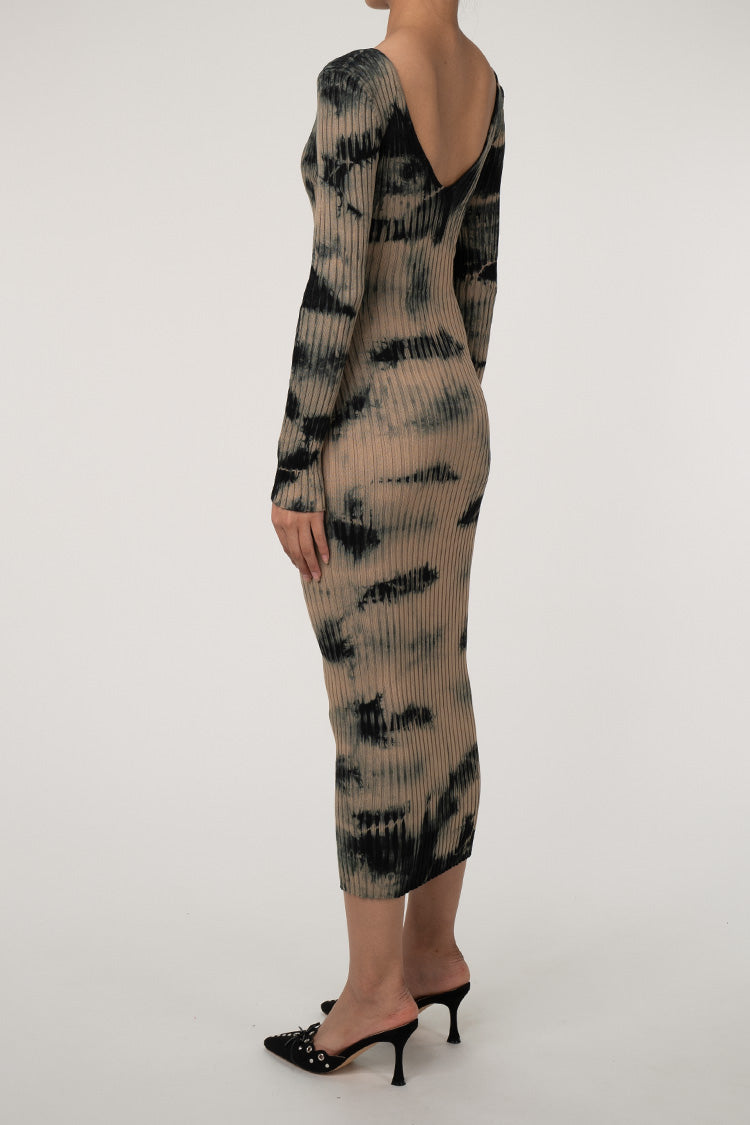 Contrast Tie Dye V Neck Ribbed Knit Midi Dress for Elegance