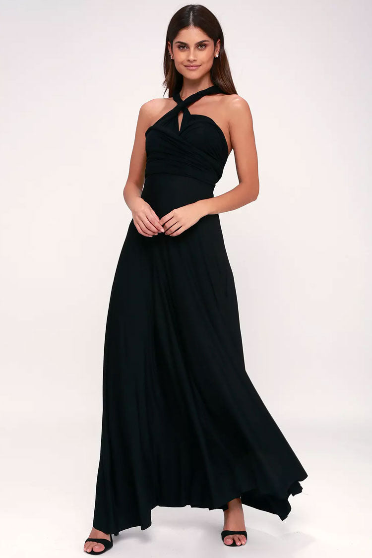 Convertible High Waist A-Line Infinity Maxi Prom Dress - Black  Fashionpara