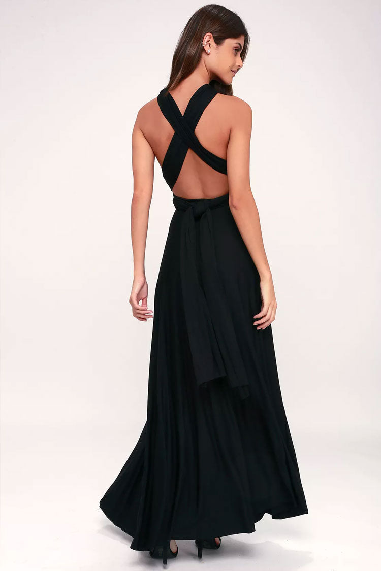 Convertible High Waist A-Line Infinity Maxi Prom Dress - Black  Fashionpara