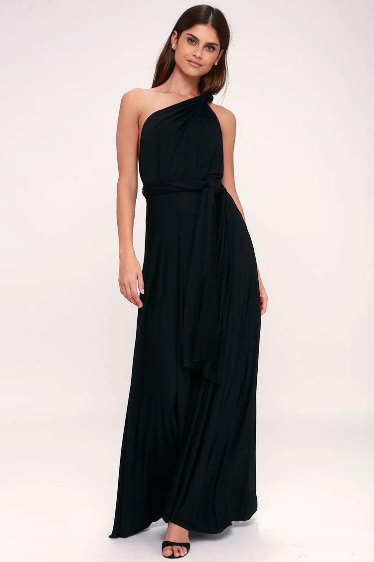 Convertible High Waist A-Line Infinity Maxi Prom Dress - Black  Fashionpara