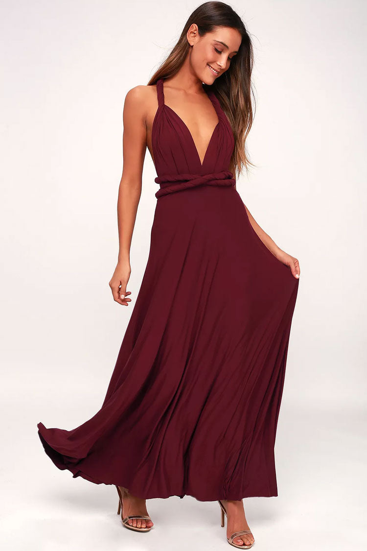 Convertible High Waist A-Line Infinity Maxi Bridesmaid Dress - Burgundy - Fashionpara