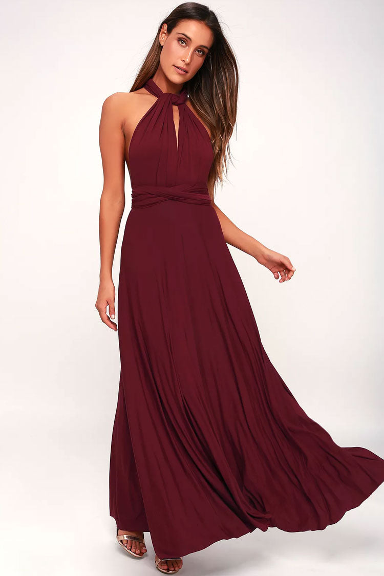 Convertible High Waist A-Line Infinity Maxi Bridesmaid Dress - Burgundy - Fashionpara