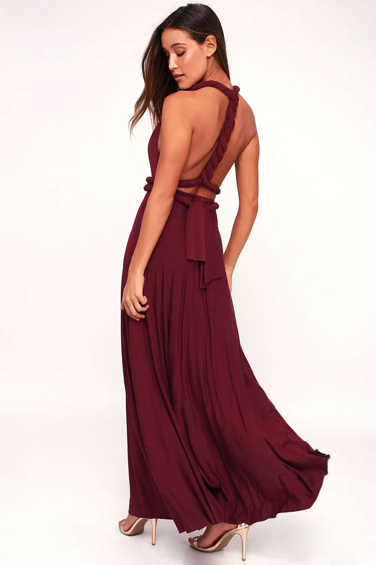 Convertible High Waist A-Line Infinity Maxi Bridesmaid Dress - Burgundy - Fashionpara
