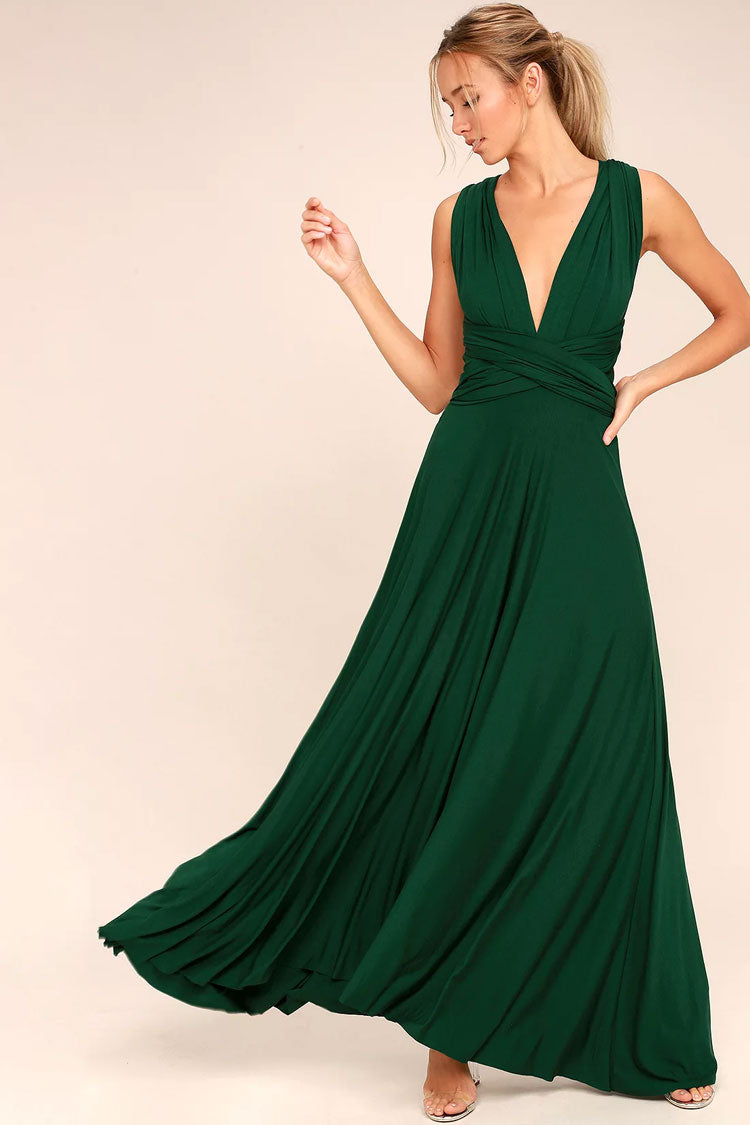 Convertible High Waist A-Line Infinity Maxi Bridesmaid Dress - Emerald Green - Fashionpara
